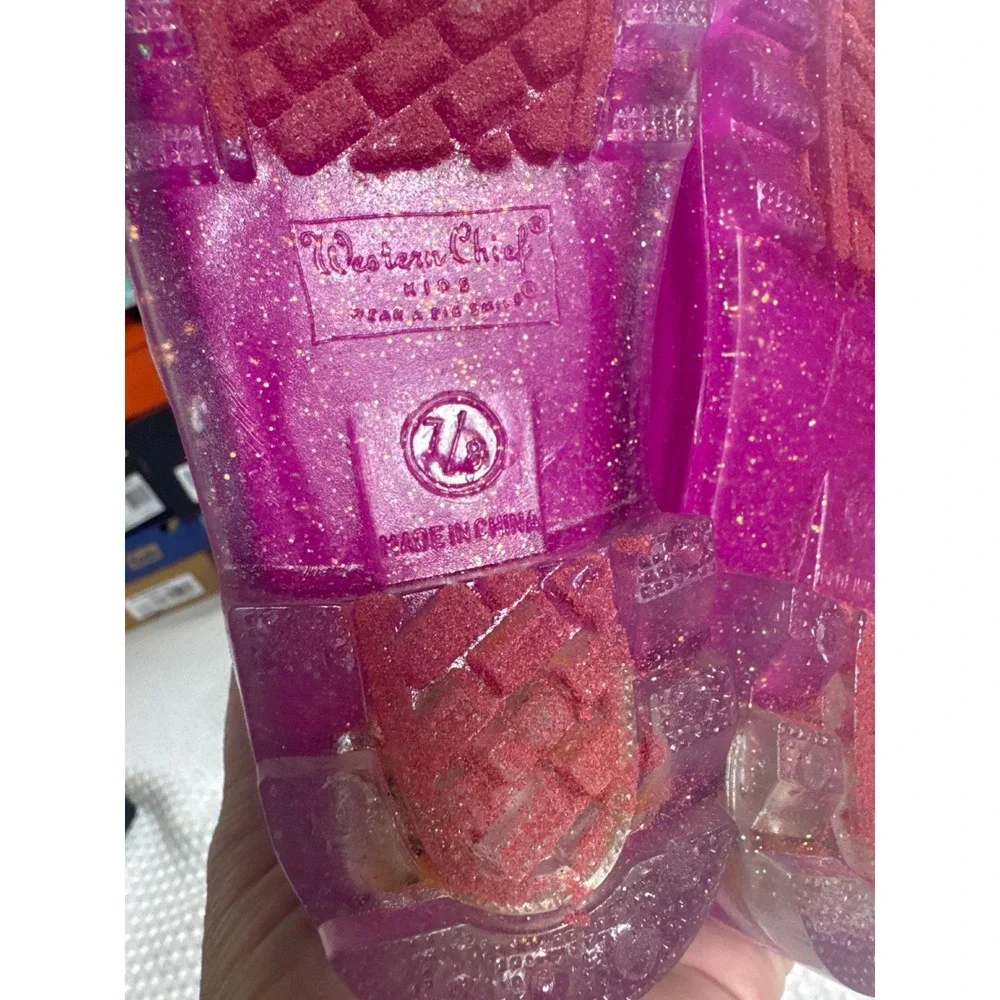 Western Chief Rain Boots Kids 7/8 Lighted Solid Pink Glitter NWOB